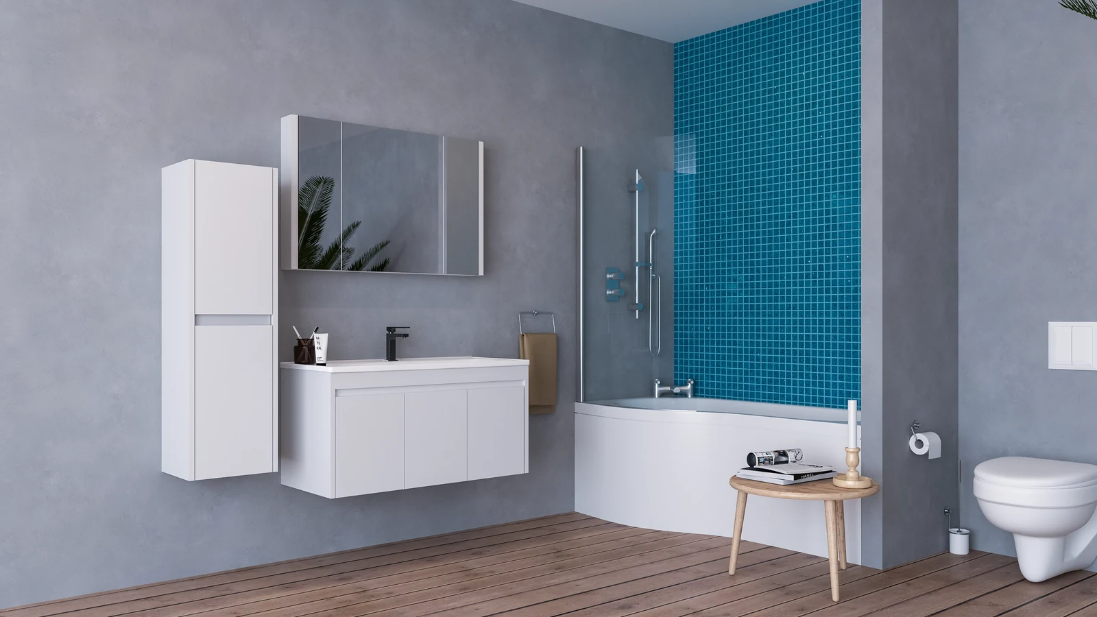 Astra 100 banyo mobilyasının aydınlık banyo ortamındaki görünümü